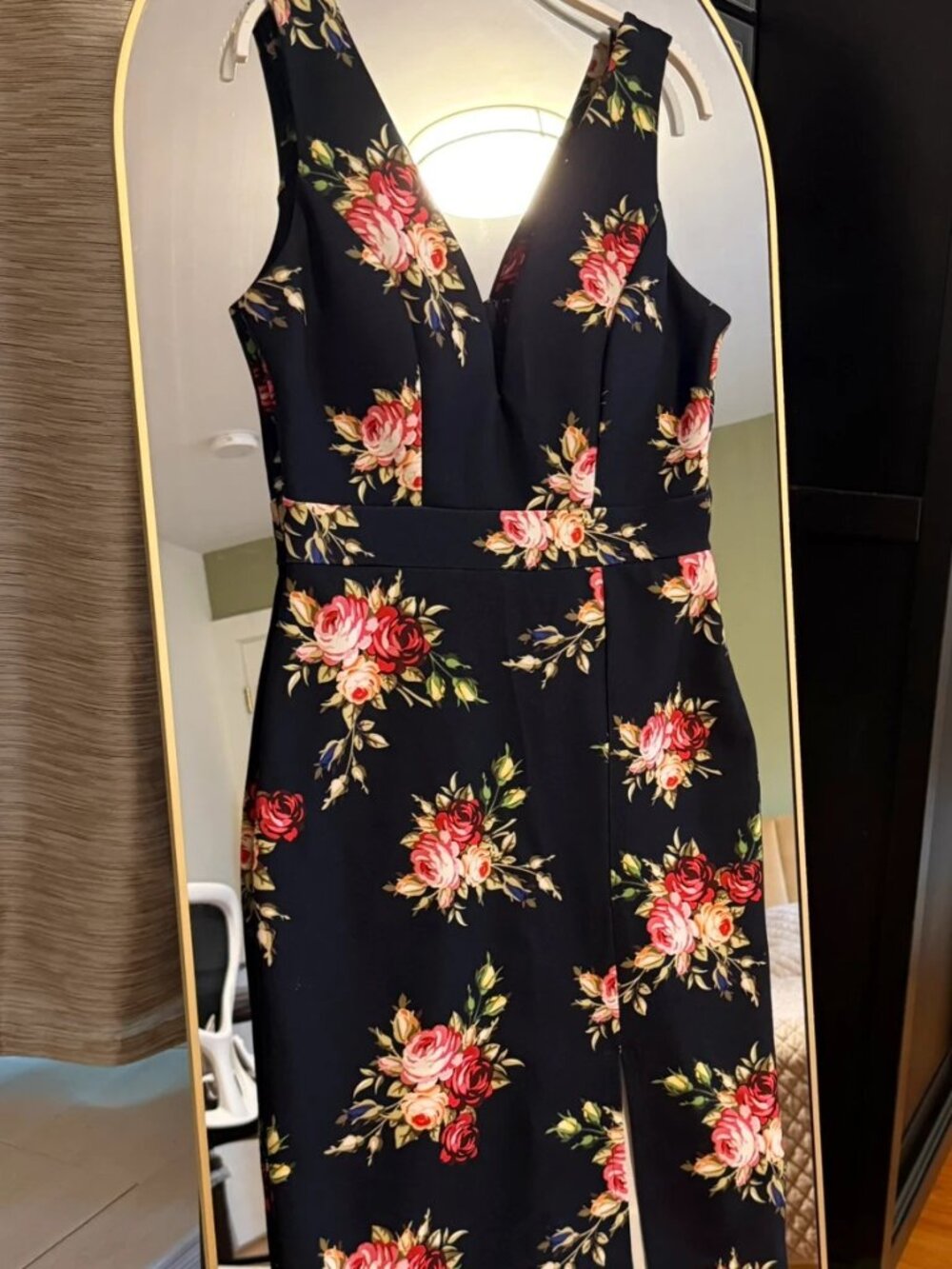 WalG Navy Rose Floral Bodycon Midi Dress V-Neck Side Slit S/M
